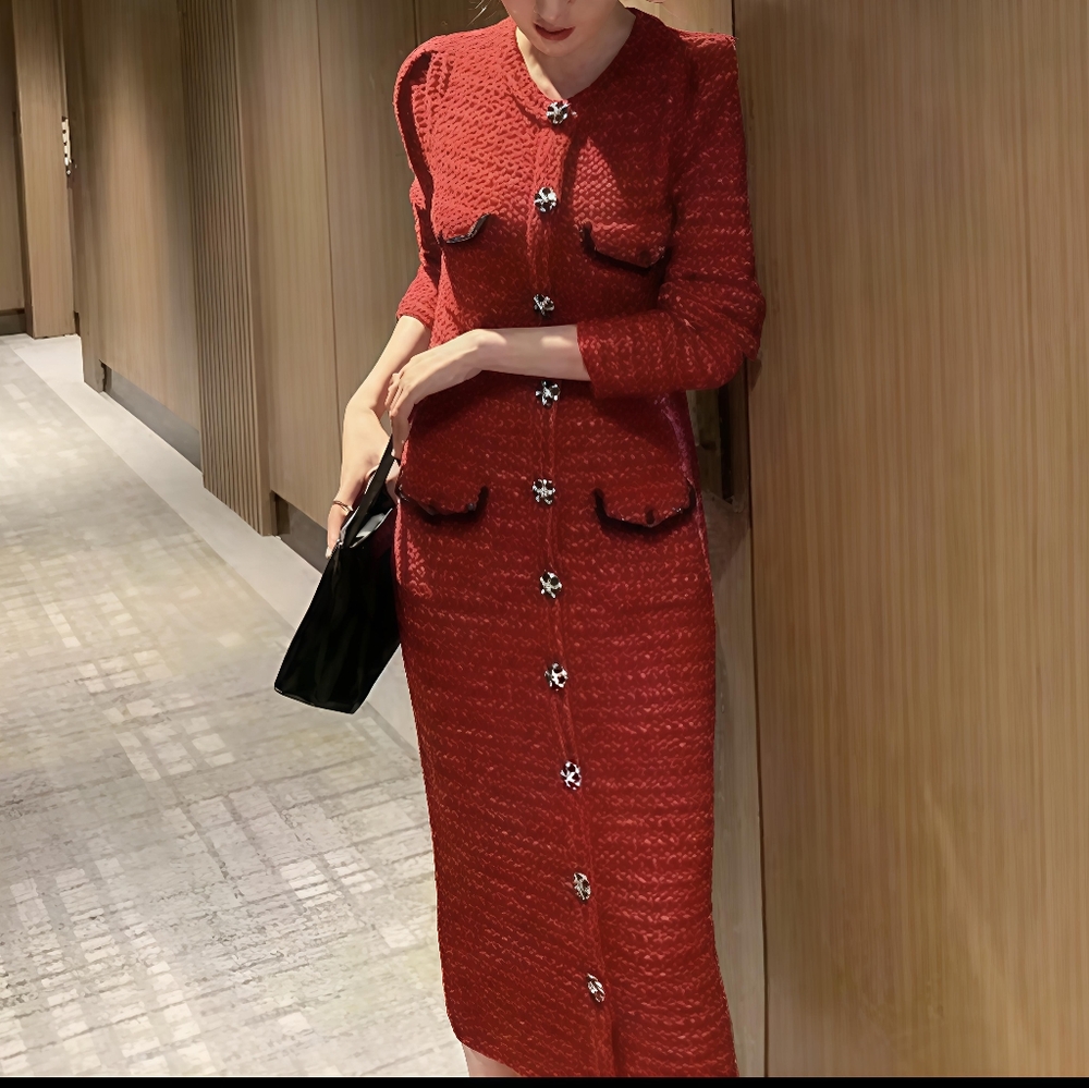 Elegant Red Long Sleeve Knit Dress